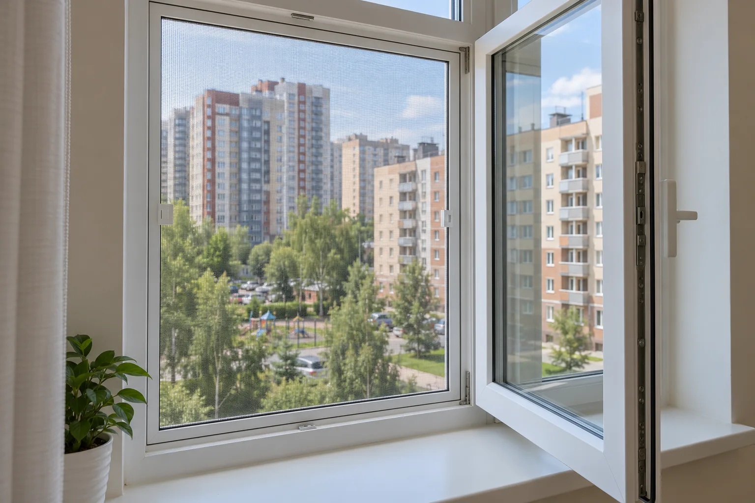 Визуализация рамочной москитной сетки в окне квартиры жилого комплекса